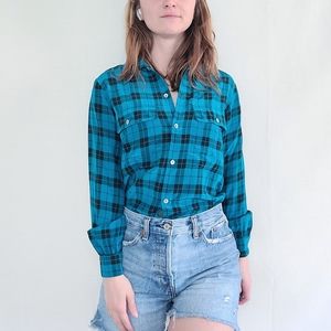 Carole Little for St. Tropez West 100% Silk Blue Plaid Casual Button Down Shirt